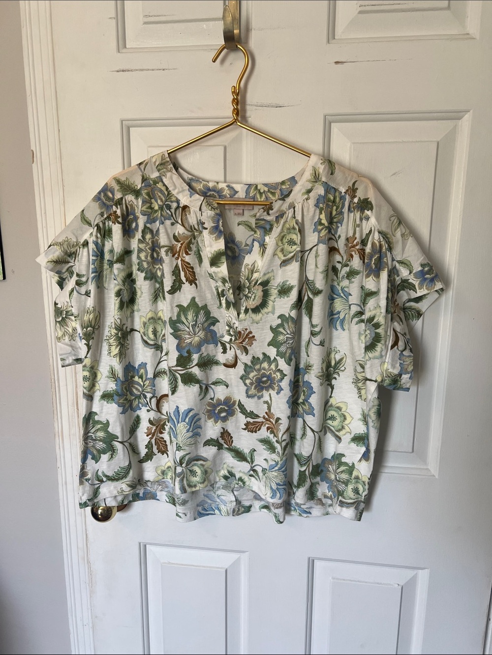 LOFT Floral Short Sleeve Peasant Top in Cream, Green and Blue